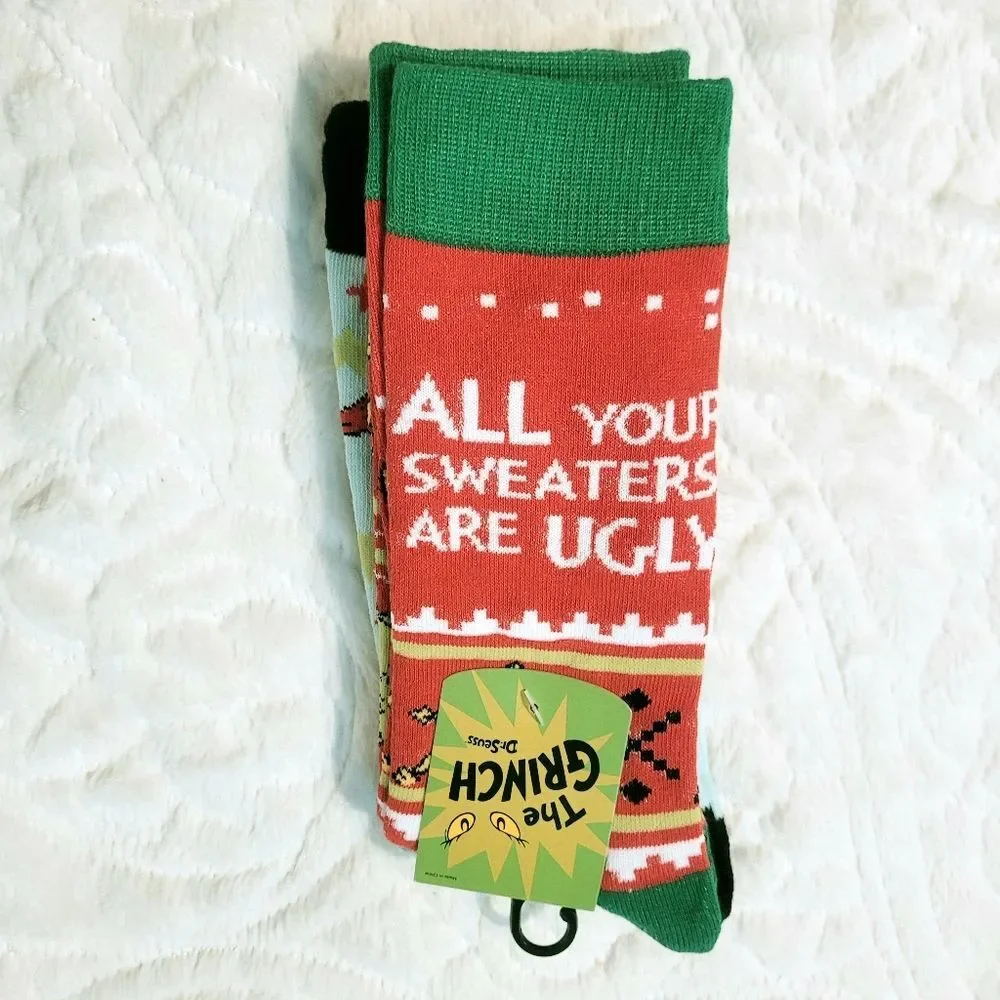 Bioworld Grinch Crew Socks 2 Pair Christmas Mens Sock Size 10-13 Shoes 8-12 New
